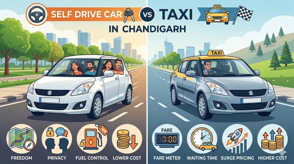 self drive car Chandigarh, taxi vs self drive car, car rental Chandigarh, ODAC24 Chandigarh, cheap self drive cars Chandigarh, self drive vs taxi cost comparison, Chandigarh to Shimla travel cost, car rental price Chandigarh, budget travel Chandigarh, rent car vs taxi India