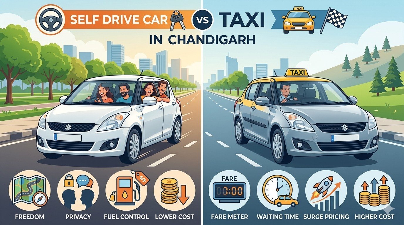 self drive car Chandigarh, taxi vs self drive car, car rental Chandigarh, ODAC24 Chandigarh, cheap self drive cars Chandigarh, self drive vs taxi cost comparison, Chandigarh to Shimla travel cost, car rental price Chandigarh, budget travel Chandigarh, rent car vs taxi India