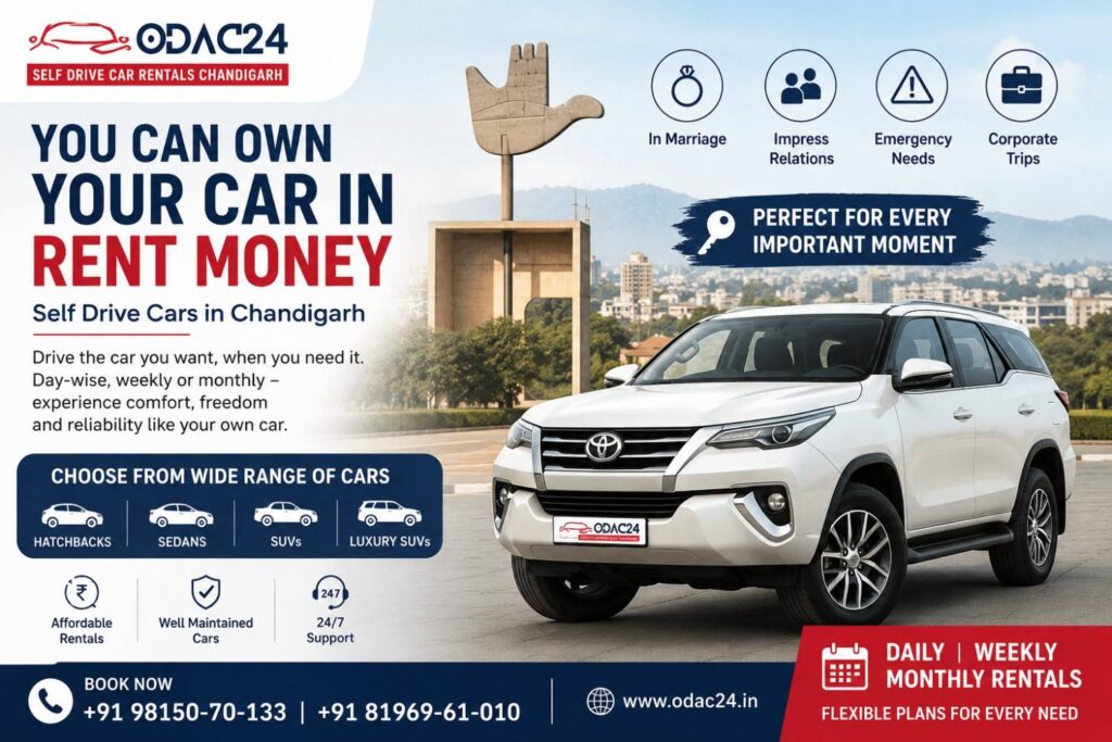 ODAC24 self drive cars in Chandigarh featuring a white SUV with daily, weekly, and monthly rental plans for weddings, corporate travel, emergencies, and family trips.