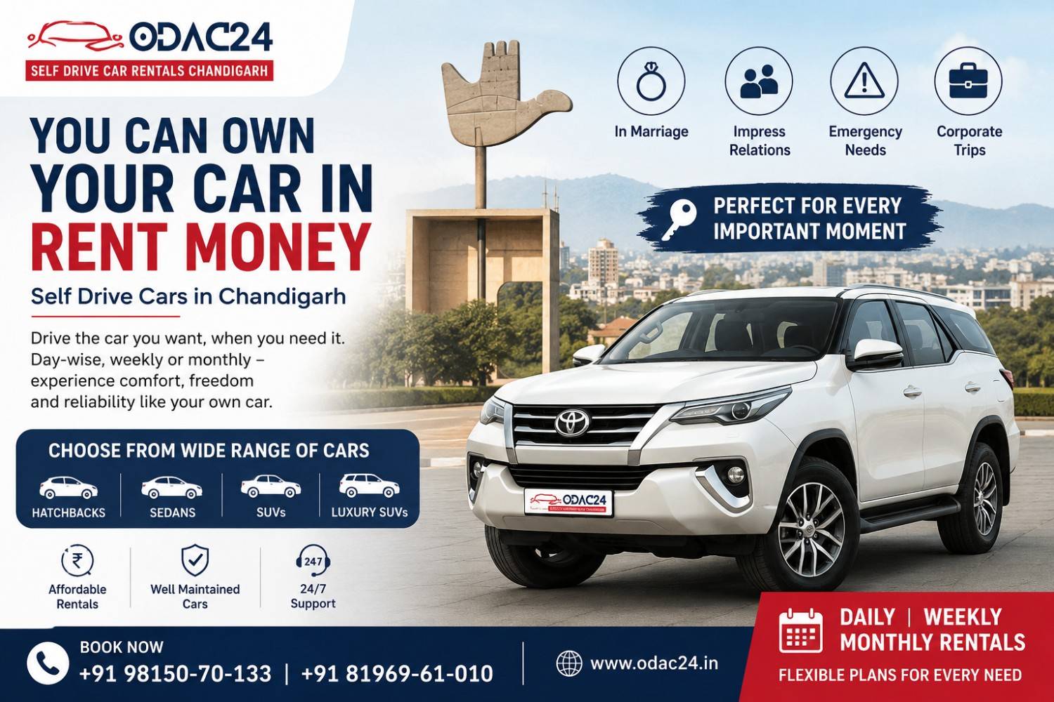 ODAC24 self drive cars in Chandigarh featuring a white SUV with daily, weekly, and monthly rental plans for weddings, corporate travel, emergencies, and family trips.
