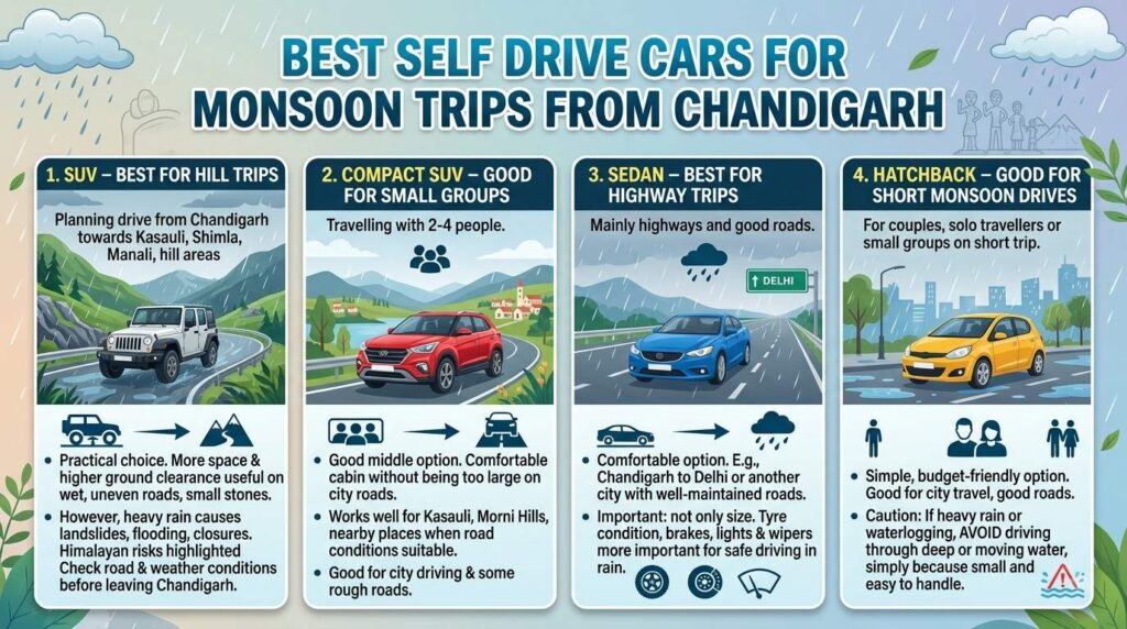 Best Self Drive Cars for Monsoon Trips from Chandigarh

1. SUV – Best for Hill Trips

If you are planning to drive from Chandigarh towards Kasauli, Shimla, Manali or other hill areas, an SUV can be a practical choice.

SUVs usually offer more space and higher ground clearance than small cars. This can be useful when roads are wet, uneven or covered with small stones.

However, an SUV does not make every road safe. Heavy rain can still cause landslides, flooding and road closures in mountain areas. Recent weather reports have specifically highlighted risks in Himalayan areas during active monsoon periods.

So, check the road and weather conditions before leaving Chandigarh.



2. Compact SUV – Good for Small Groups

A compact SUV is a good middle option if you are travelling with two to four people.

It gives you a comfortable cabin without feeling too large on city roads. It can work well for destinations such as Kasauli, Morni Hills and other nearby places when road conditions are suitable.

This can also be a good choice if your trip includes both city driving and some rough roads.



3. Sedan – Best for Highway Trips

If your monsoon plan mainly involves highways and good roads, a sedan can be a comfortable option.

For example, if you are travelling from Chandigarh to Delhi or another city with mostly well-maintained roads, you may not need an SUV.

The important thing is not to choose a car only because of its size. Tyre condition, brakes, lights and wipers are more important for safe driving in rain.



4. Hatchback – Good for Short Monsoon Drives

For couples, solo travellers or small groups planning a short trip, a hatchback can be a simple and budget-friendly option.

It works well for city travel and routes where roads are in good condition. If there is heavy rain or waterlogging, avoid driving through deep or moving water simply because the car is small and easy to handle.