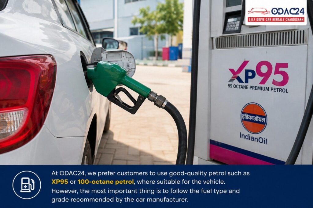 ODAC24 self-drive rental car being refueled with XP95 premium petrol at a fuel station.