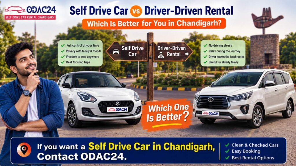 ODAC24 self-drive car rental in Chandigarh – comparison of self-drive and driver-driven car rentals.